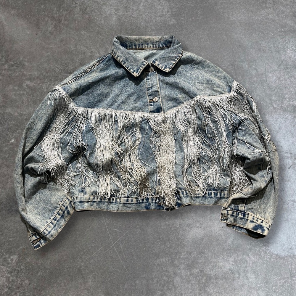Womens Distressed Denim Jacket Silver Fringe Cropped Trucker Style